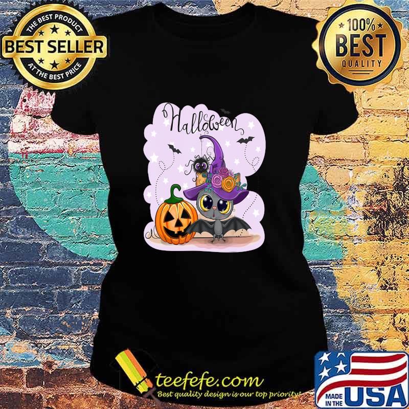 Cute Halloween with a Pumpkin and a Bat T-Shirt Ladies tee Cute Halloween with a Pumpkin and a Bat T-Shirt Ladies tee
