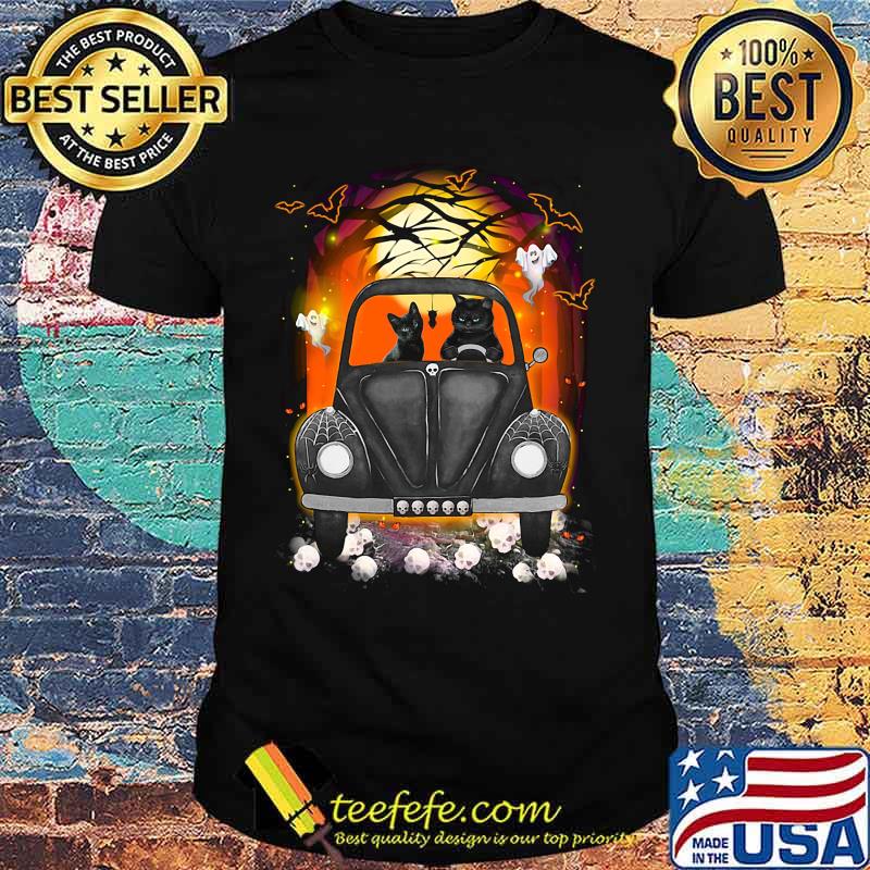 Halloween cats driving car skulls bat shirt
