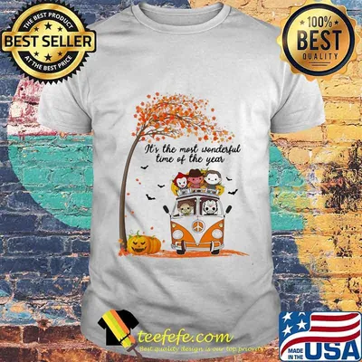 Halloween horror characters chibi riding peace bus it's the most wonderful time of the year maple leaves tree shirt