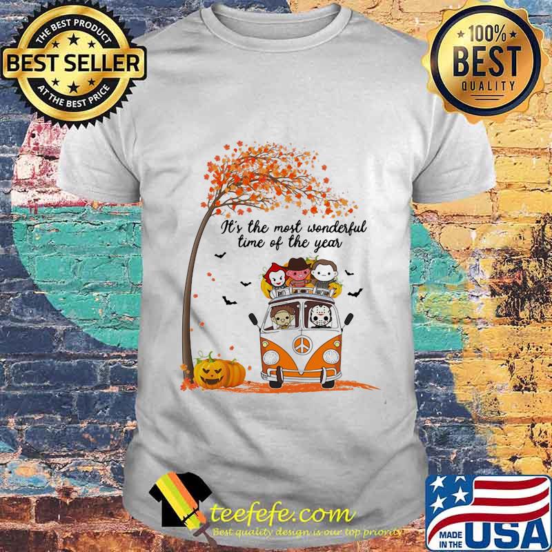 Halloween horror characters chibi riding peace bus it's the most wonderful time of the year maple leaves tree shirt