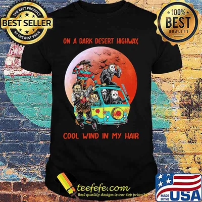 Halloween horror characters on a dark desert highway cool wind in my hair sunset shirt