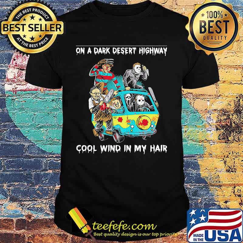 Halloween horror characters riding bus on a dark desert highway cool wind in my hair shirt