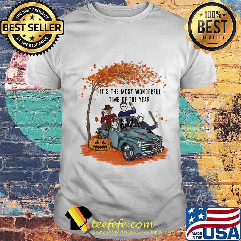 Halloween horror characters riding car it's the most wonderful time of the year leaves tree shirt