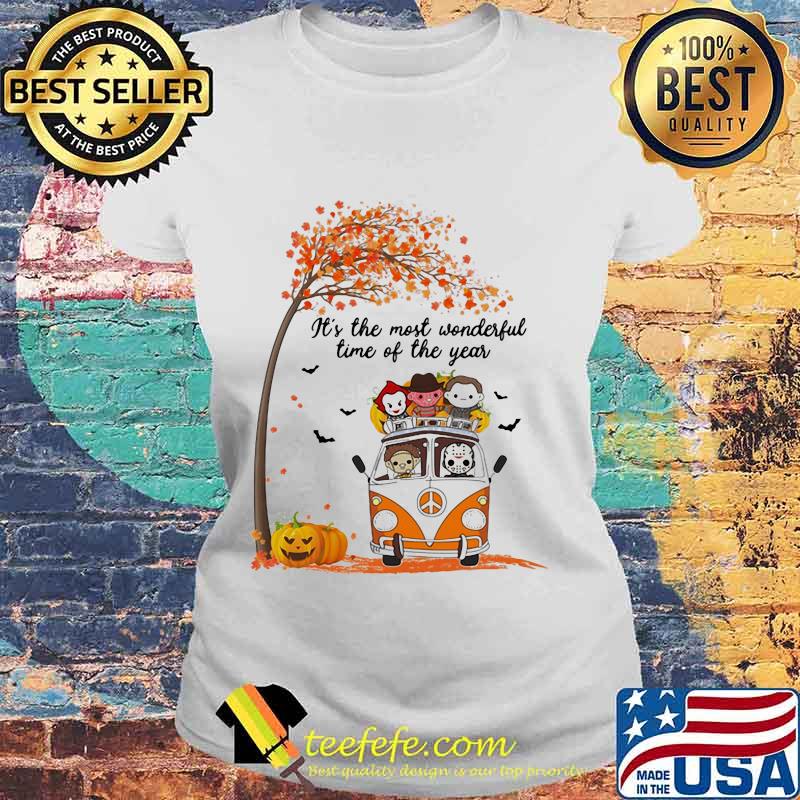 Halloween horror characters riding peace bus it's the most wonderful time of the year maple leaves tree s Laides tee Halloween horror characters riding peace bus it's the most wonderful time of the year maple leaves tree s Laides tee