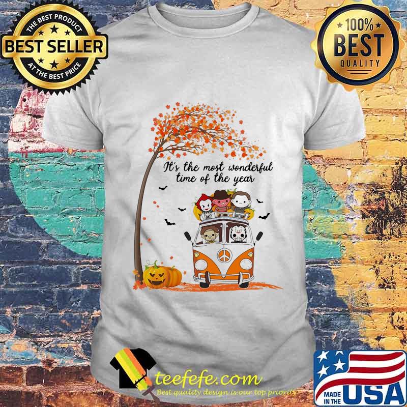 Halloween horror characters riding peace bus it's the most wonderful time of the year maple leaves tree shirt Halloween horror characters riding peace bus it's the most wonderful time of the year maple leaves tree shirt