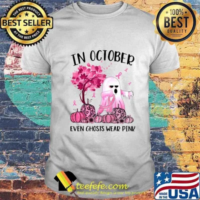 Halloween in october even ghosts wear pink pumpkin leaves tree cancer awareness shirt