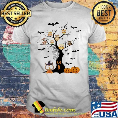 Halloween tree owls witch pumpkin shirt