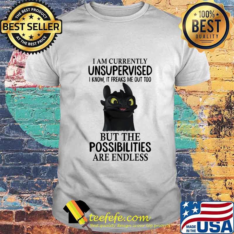 I AM CURRENTLY UNSUPERVISED I KNOW, IT FREAKS ME OUT TOO BUT THE POSSIBILITIES ARE ENDLESS TOOTHLESS DRAGON SHIRT I AM CURRENTLY UNSUPERVISED I KNOW, IT FREAKS ME OUT TOO BUT THE POSSIBILITIES ARE ENDLESS TOOTHLESS DRAGON SHIRT