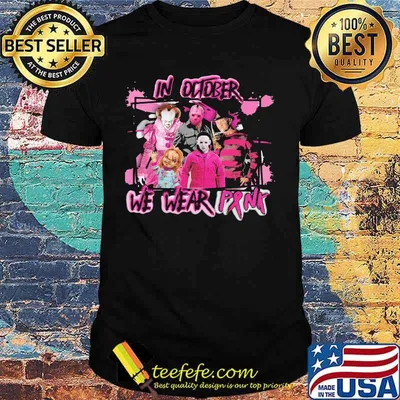 In october we wear pink horror characters cancer awareness shirt