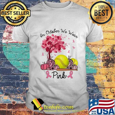 In october we wear pink softball leaves tree pumpkin leopard shirt
