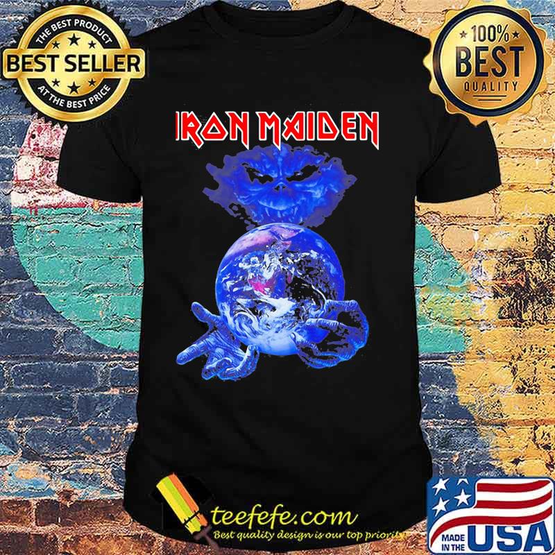 Iron maiden band skeleton holding earth shirt
