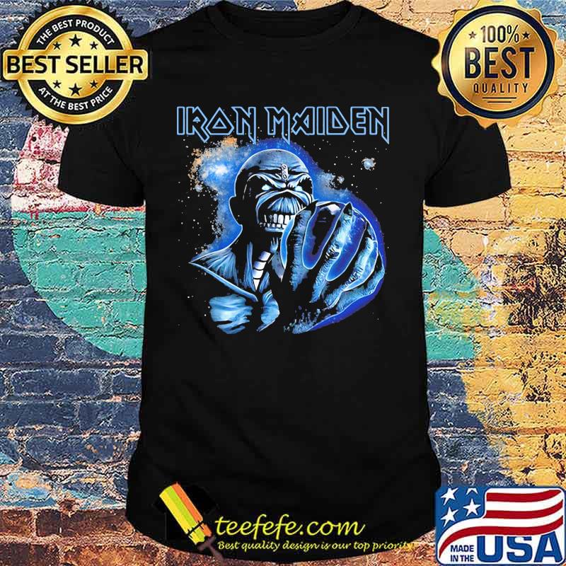 Iron maiden skeleton holding earth shirt