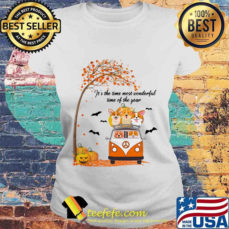 IT'S THE TIME MOST WONDERFUL TIME OF THE YEAR PEACE BUS CORGI PUMPKIN HALLOWEEN SHIRT Laides tee IT'S THE TIME MOST WONDERFUL TIME OF THE YEAR PEACE BUS CORGI PUMPKIN HALLOWEEN SHIRT Laides tee