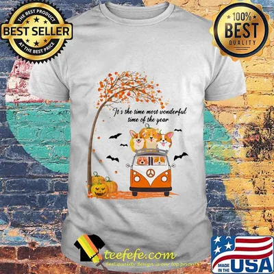 IT'S THE TIME MOST WONDERFUL TIME OF THE YEAR PEACE BUS CORGI PUMPKIN HALLOWEEN SHIRT