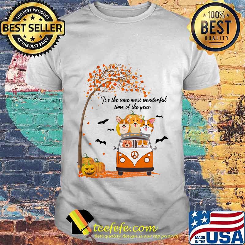 IT'S THE TIME MOST WONDERFUL TIME OF THE YEAR PEACE BUS CORGI PUMPKIN HALLOWEEN SHIRT