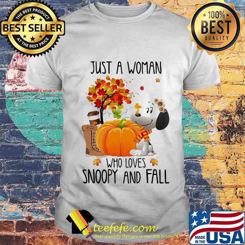 Just a woman who loves snoopy and fall pumpkin maple leaves shirt