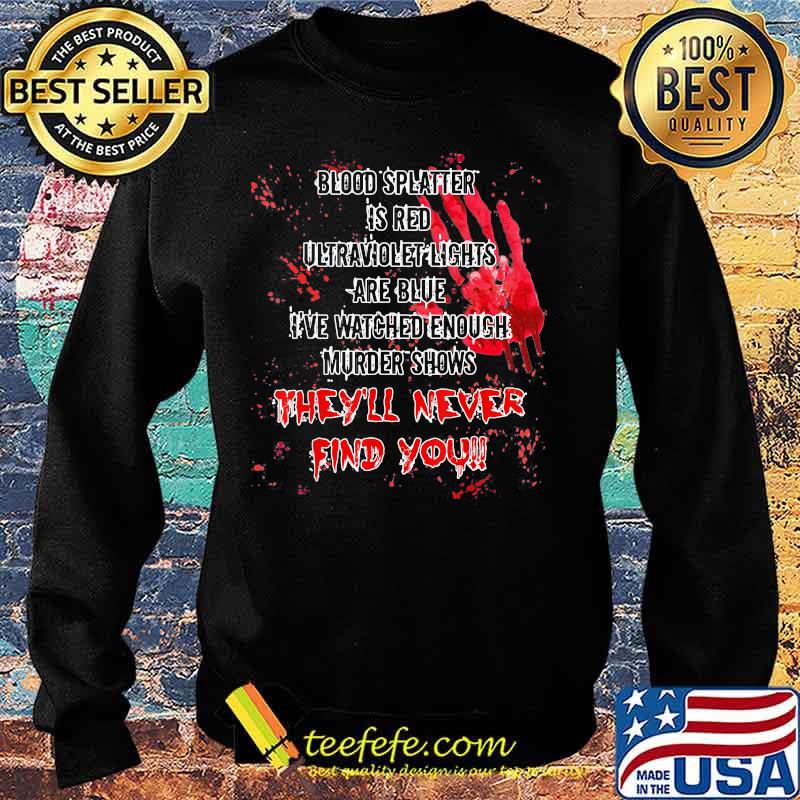 Official Halloween Blood splatter is red ultraviolet lights are blue I've watched enough murder shows they'll never find you s Sweater Official Halloween Blood splatter is red ultraviolet lights are blue I've watched enough murder shows they'll never find you s Sweater