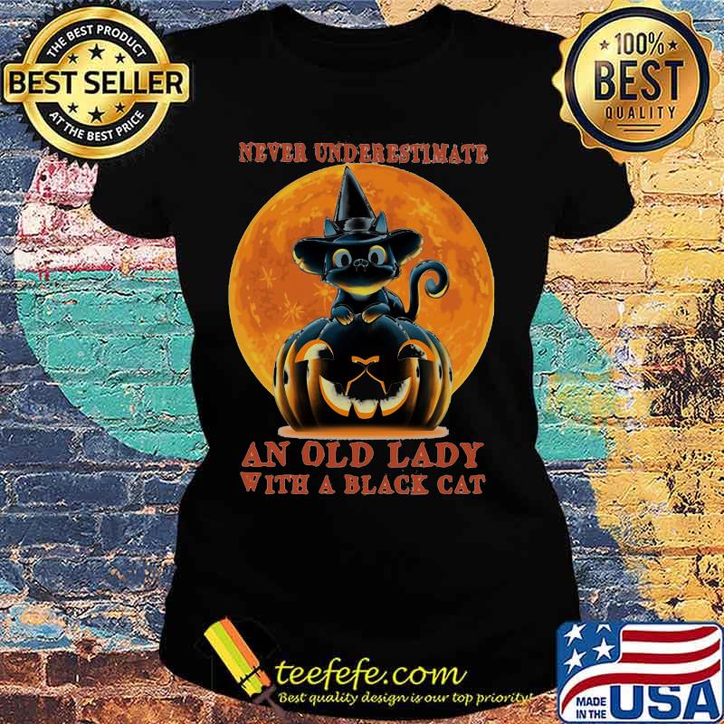 Official Never Underestimate An Old Lady With A Black Cat Pumpkin Sunset Halloween s Ladies tee Official Never Underestimate An Old Lady With A Black Cat Pumpkin Sunset Halloween s Ladies tee