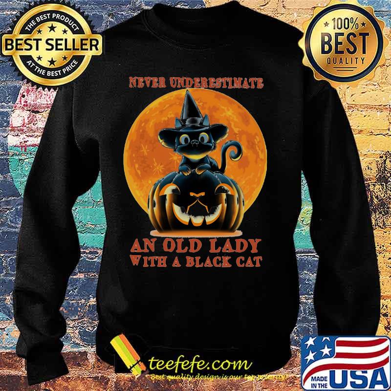 Official Never Underestimate An Old Lady With A Black Cat Pumpkin Sunset Halloween s Sweater Official Never Underestimate An Old Lady With A Black Cat Pumpkin Sunset Halloween s Sweater