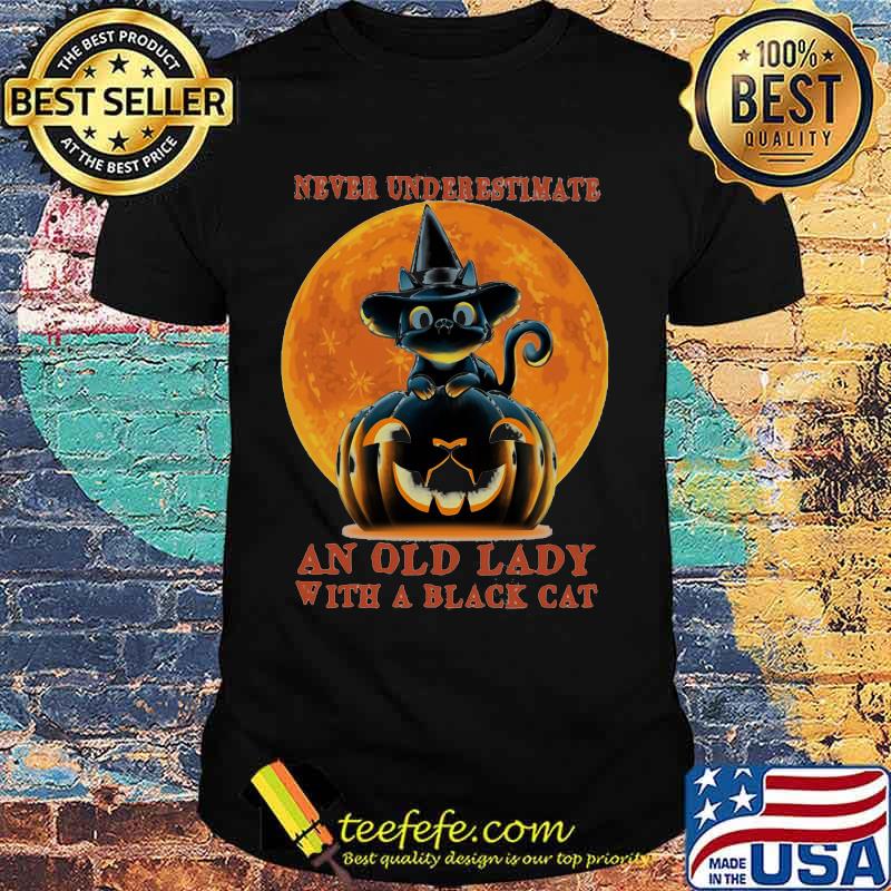 Official Never Underestimate An Old Lady With A Black Cat Pumpkin Sunset Halloween shirt Official Never Underestimate An Old Lady With A Black Cat Pumpkin Sunset Halloween shirt