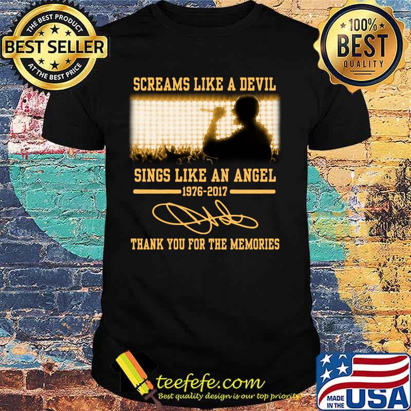Screams like a devil sings like an angel 1976 2017 thank you for the memories signatures shirt