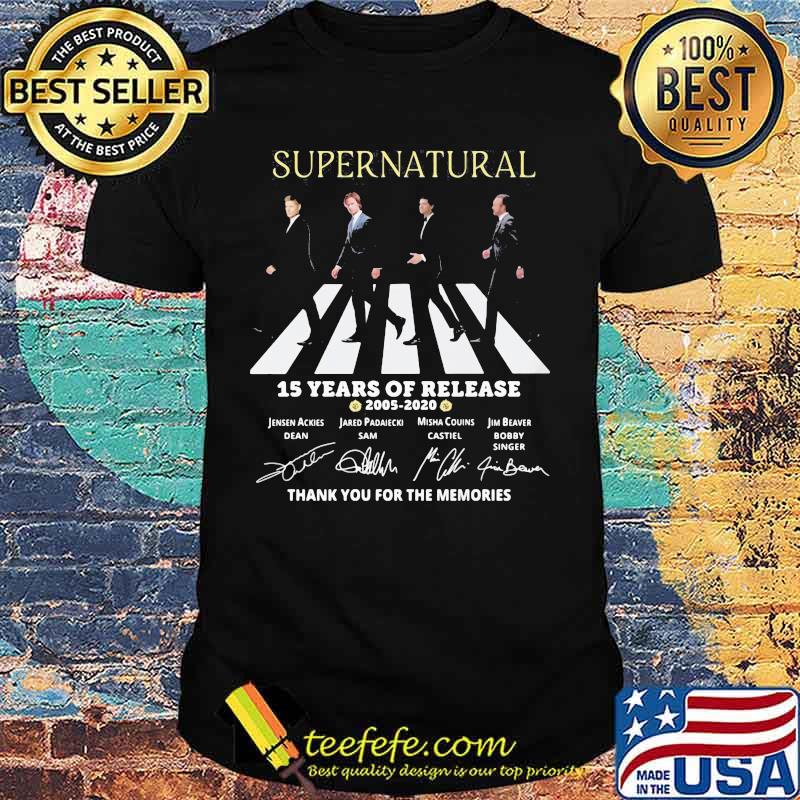 Supernatural abbey road 15 years of release 2005 2020 thank you for the memories signatures shirt Supernatural abbey road 15 years of release 2005 2020 thank you for the memories signatures shirt