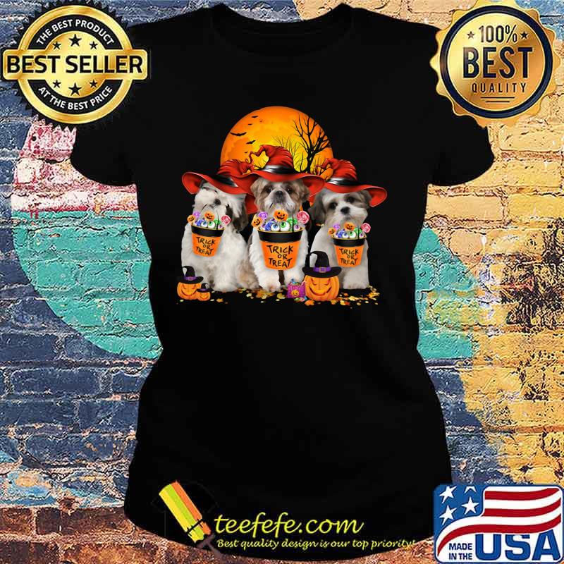 Three Shih - Tzus Dogs Witch Trick or treat Halloween s Ladies tee Three Shih - Tzus Dogs Witch Trick or treat Halloween s Ladies tee