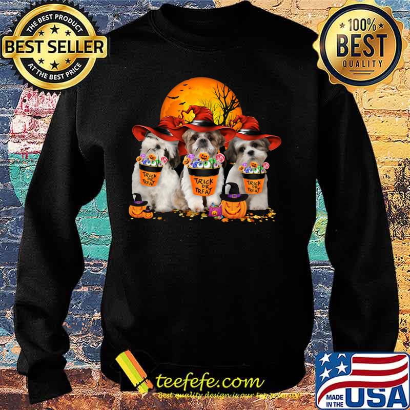Three Shih - Tzus Dogs Witch Trick or treat Halloween s Sweater Three Shih - Tzus Dogs Witch Trick or treat Halloween s Sweater