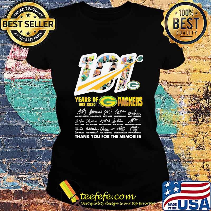 101 years of 1919 2020 green bay packers thank for the memories signatures s Ladies tee 101 years of 1919 2020 green bay packers thank for the memories signatures s Ladies tee