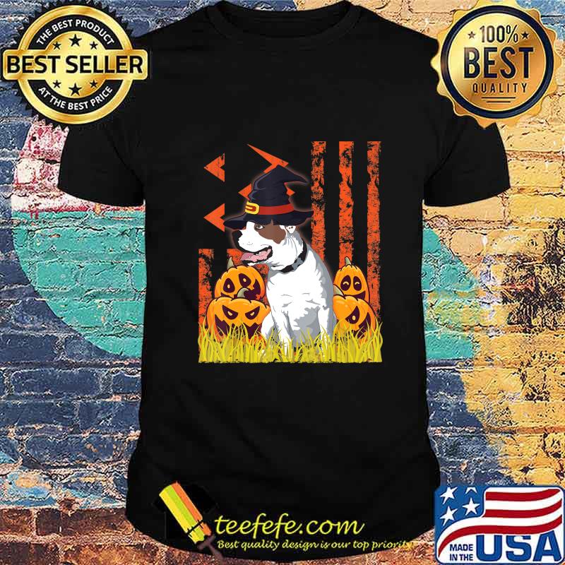 American Bulldog Dog Witch Dance Pumpkins Halloween US Flag T-Shirt