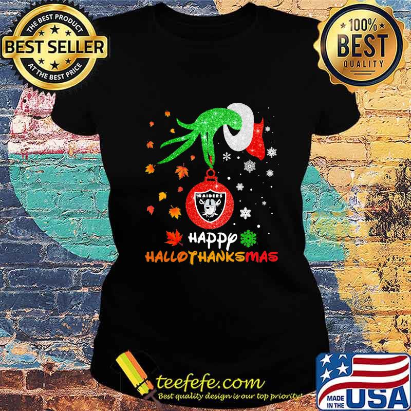 Grinch holding las vegas raiders logo happy hallothanksmas halloween thanksgiving christmas s Ladies tee Grinch holding las vegas raiders logo happy hallothanksmas halloween thanksgiving christmas s Ladies tee