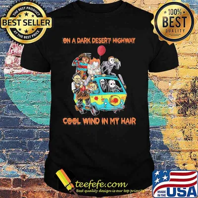 Halloween horror characters on a dark highway cool wind in my hair shirt