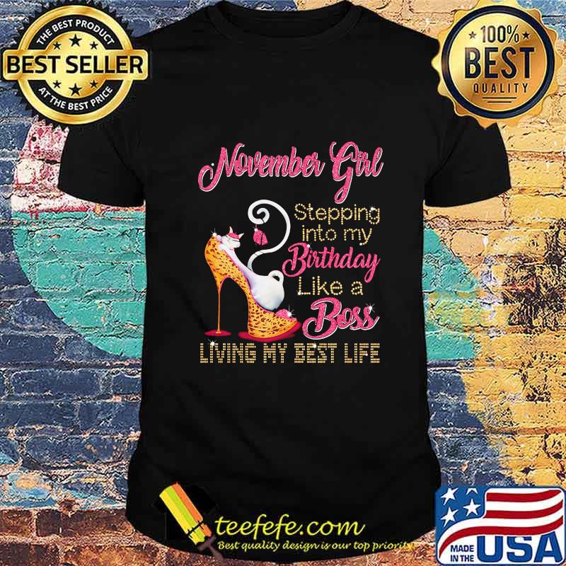 High heels cat november girl stepping into my birthday like a boss living my best life shirt High heels cat november girl stepping into my birthday like a boss living my best life shirt