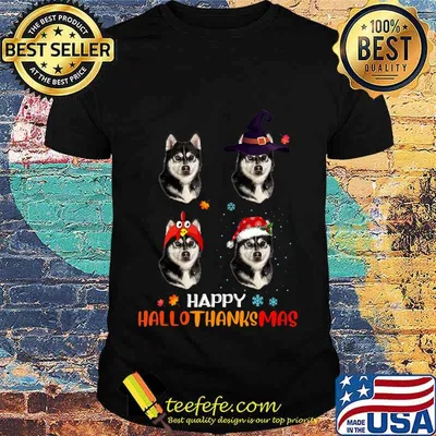 Husky Halloween And Merry Christmas Happy Hallothanksmas T-Shirt