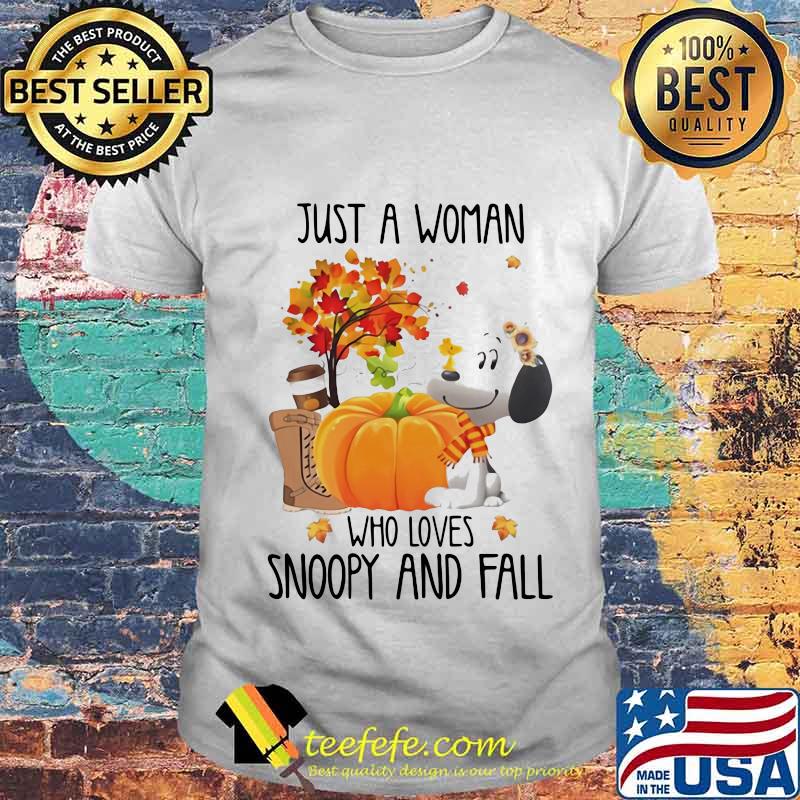 Just a woman who loves snoopy and fall pumpkin maple leaves shirt