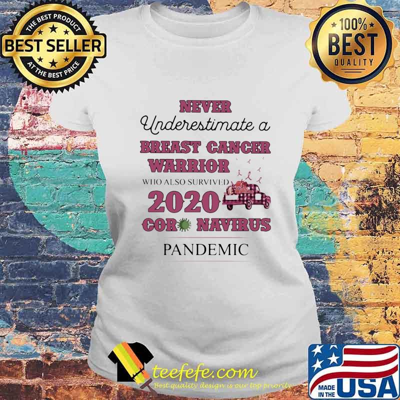 Never underestimate a breast cancer warrior who also survived 2020 coronavirus pandemic pink s Laides tee Never underestimate a breast cancer warrior who also survived 2020 coronavirus pandemic pink s Laides tee
