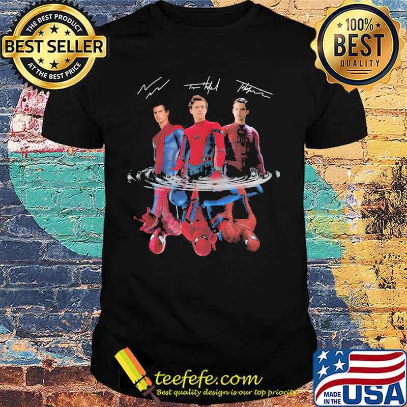 Spider man characters water mirror reflection signatures shirt