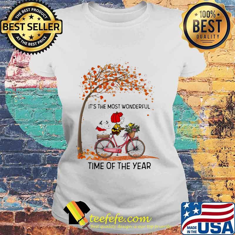 The peanuts riding bicycle bus it's the most wonderful time of the year leaves tree s Laides tee The peanuts riding bicycle bus it's the most wonderful time of the year leaves tree s Laides tee