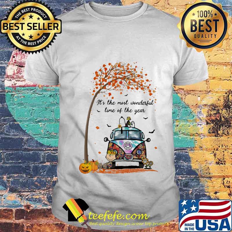 The peanuts riding peace bus sunflower bus it's the most wonderful time of the year leaves tree shirt