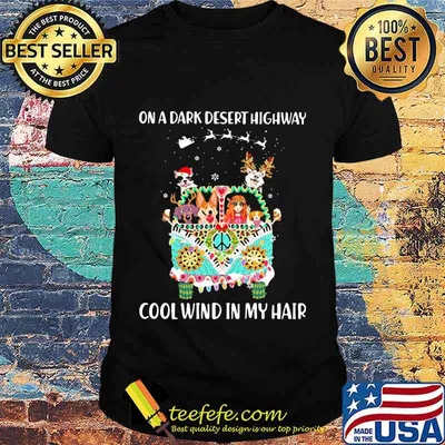 Dogs riding hippie bus on a dark desert highway cool wind in my hair shirt