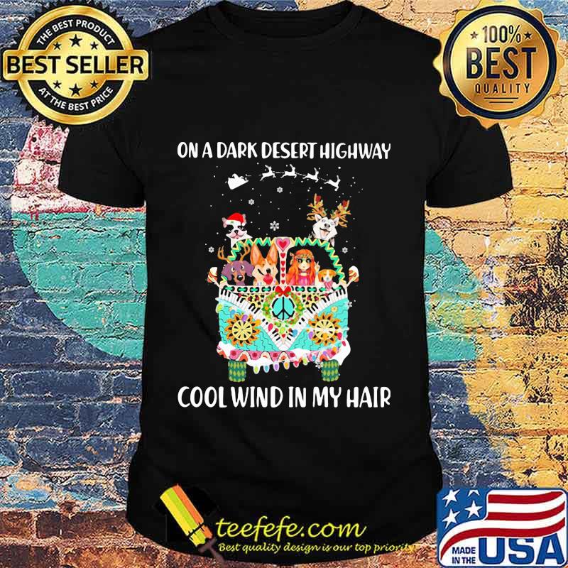 Dogs riding hippie bus on a dark desert highway cool wind in my hair shirt