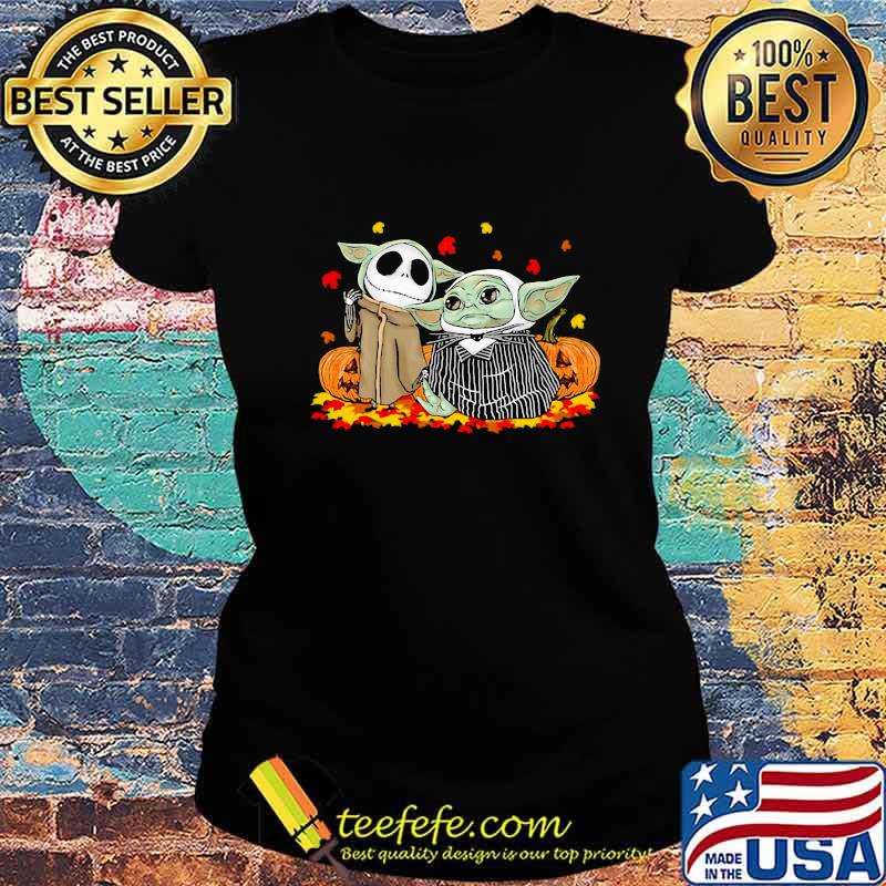 Jack skellington and baby yoda happy halloween fall leaves map s Ladies tee Jack skellington and baby yoda happy halloween fall leaves map s Ladies tee