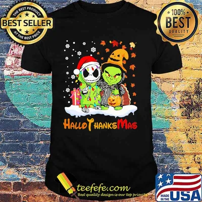 Jack skellington and grinch happy hallothanksmas halloween thanksgiving christmas shirt