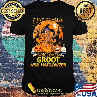 Just a woman who loves baby groot and halloween moon shirt
