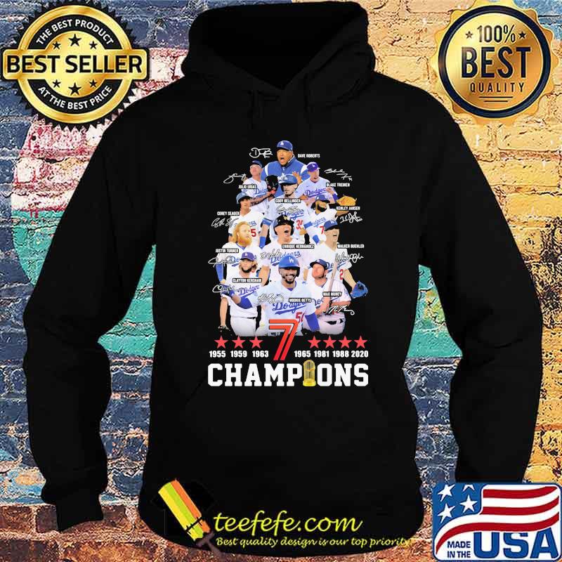 Los angeles dodgers 1955 1959 1963 7 1965 1981 1988 2020 champions signatures s Hoodie Los angeles dodgers 1955 1959 1963 7 1965 1981 1988 2020 champions signatures s Hoodie