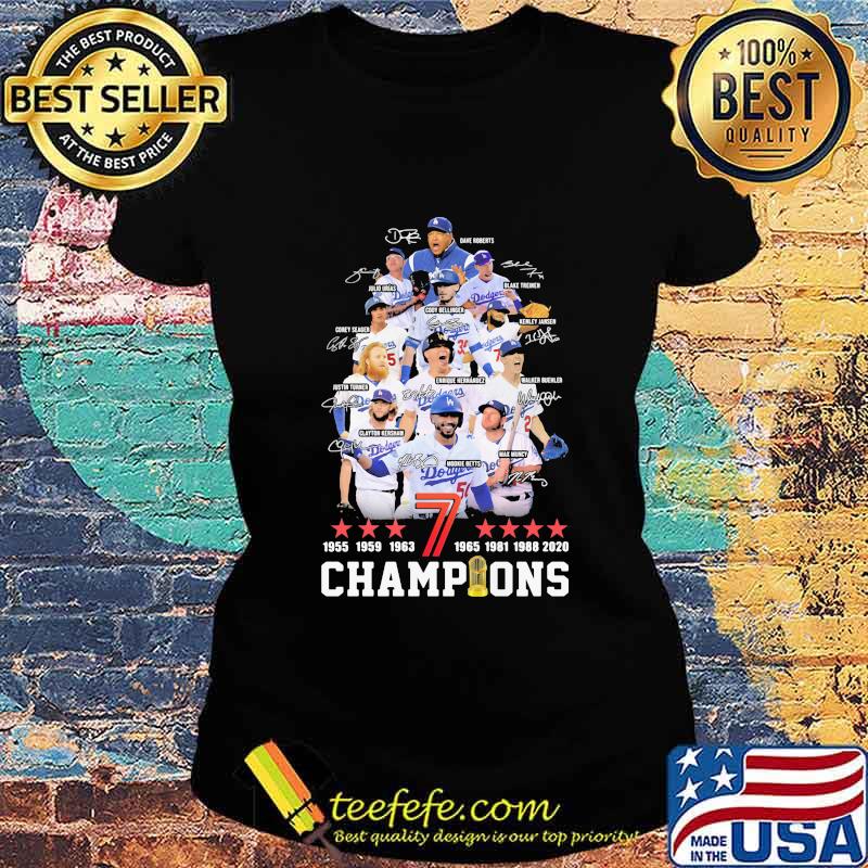 Los angeles dodgers 1955 1959 1963 7 1965 1981 1988 2020 champions signatures s Ladies tee Los angeles dodgers 1955 1959 1963 7 1965 1981 1988 2020 champions signatures s Ladies tee