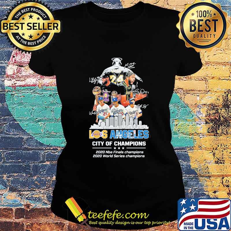 Los angeles lakers city of champions 2020 nba finals champions 2020 world series champions signatures s Ladies tee Los angeles lakers city of champions 2020 nba finals champions 2020 world series champions signatures s Ladies tee