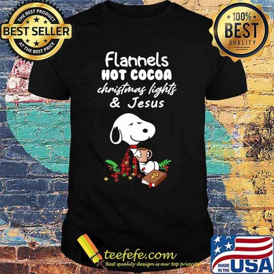 Snoopy flannels hot cocoa christmas lights and jesus shirt