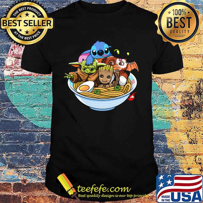 Stitch toothless baby yoda and baby groot in noodle shirt