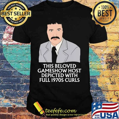 Alex trebek this beloved game show host depicted with full 1970s curls shirt